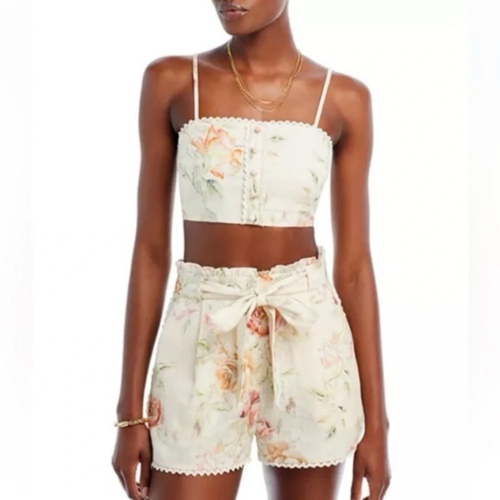 Caroline Constas Floral Linen Blend Crochet Belted Set Crop Top & Shorts Small - Picture 2 of 10